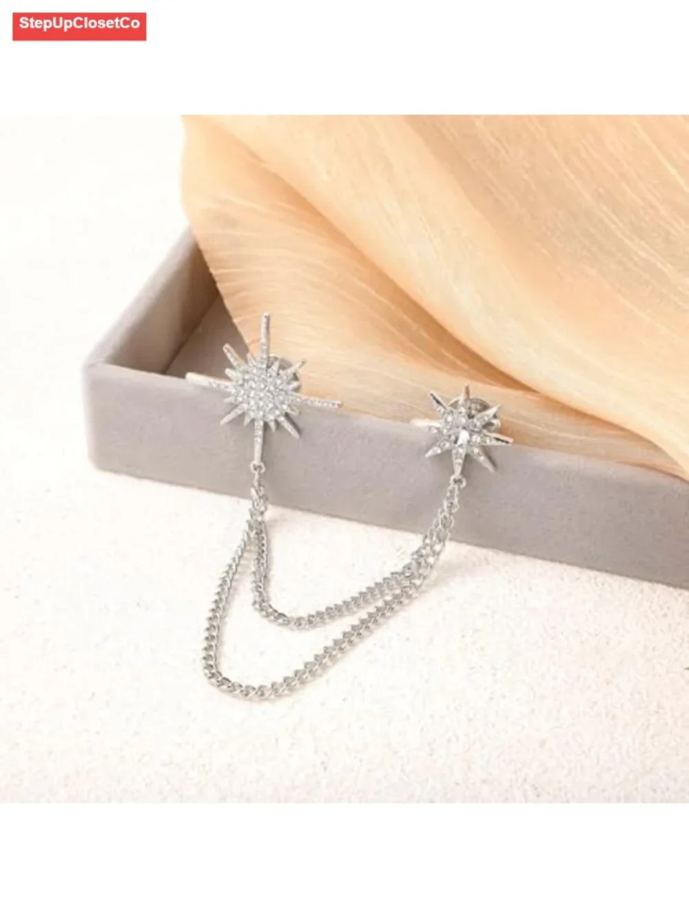 Crystal Star Brooch Pin for Women, Alloy Snap-Clasp Lapel Pin, Tassel Chain